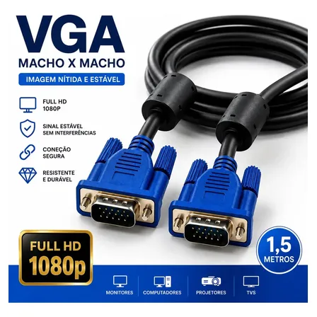 Cabo Vga Blindado 1,5 Metros Macho X Macho Com Filtro Para Computador Monitor Projetor Tv Notebook Alta Resolução Personalized View