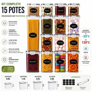 Pratitudo Essencial Kit 15 Potes Herméticos Quadrados Pratitudo Essencial para Ma