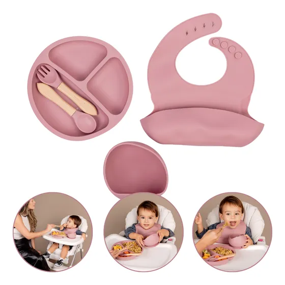 Kit Alimentação Bebê Completo Em Silicone Com Ventosa 5 Pçs