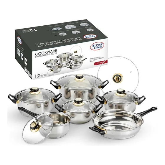 Bateria De Cocina De 12 Pz Acero Inox Alpine Bk-201 Color Plateado