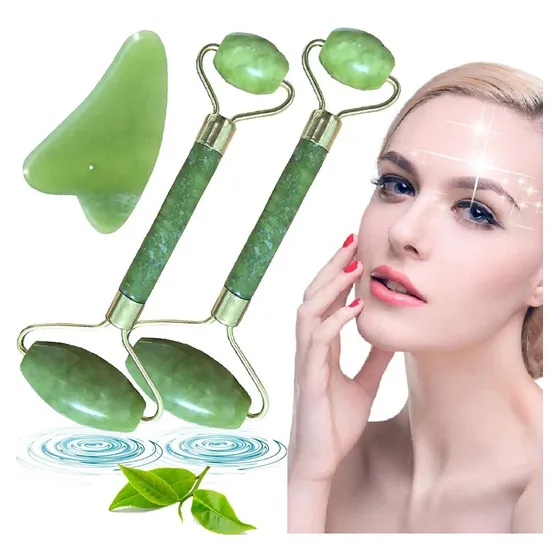 Set Rodillo De Jade Y Piedra Gua Sha (3 Piezas)
