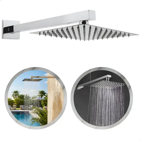 Ducha Chuveiro Fria 30x30 Piscina Área Externa Interna E Banheiros 100% Metal Aço Inoxidável Braço De 40cm - Softinox Prateado Cromado
