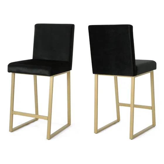 Taburete Bar Moderno Terciopelo Negro Laton Juego 2