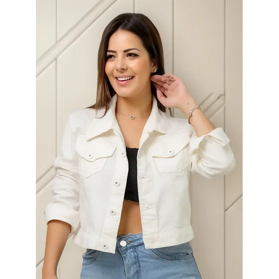 Jaqueta Jeans Feminina Branco Liso Casacos 2022