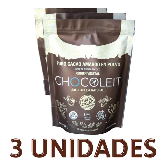 3 X Puro Cacao Amargo En Polvo | Sin Tacc | Chocoleit 
