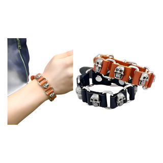 Pulsera De Cuero Para Hombre Calavera Motobiker Punk Metal Pulsera De Cuero Para Hombre Calavera Motobiker Punk Metal