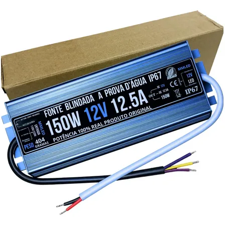 Fonte Blindada Potencia REAL A Prova D'Água 150W 12V 12,5A IP67 Premium Alumínio Bivolt MMLED