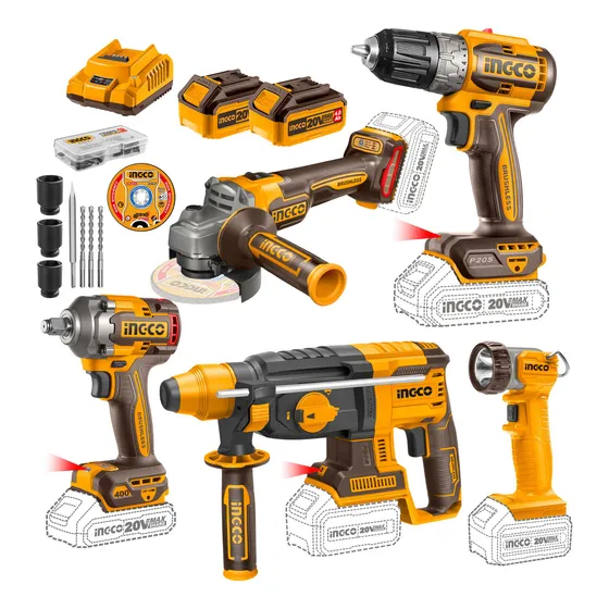 Taladro + Llave De Impacto + Amoladora + Rotomartillo Ingco Color Amarillo