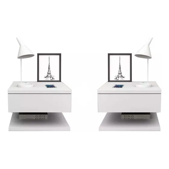 Set 2 Mesas De Luz Mesa Flotante Con Cajon Y Estante Nordico