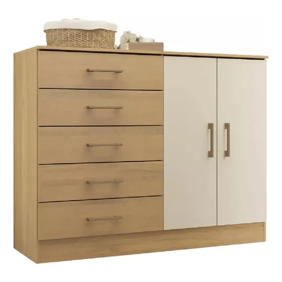 Comoda Cajonera Cuarto Living Con Puertas Y Cajones En Mdp Color Marron Claro / Cremita