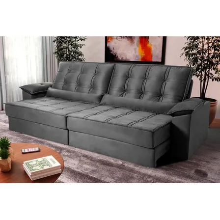 Sofá Retrátil Reclinável 2,50m Velut King House Ascari Cinza Com Molas