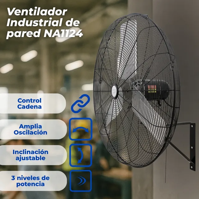 Narvik Ventilador De Pared Industrial De 24 Pulgadas (61 Cm), Aspas De Metal, Oscilación 90 Grados, Control De Cadena De 3 Velocidades, Motor Potente 235w