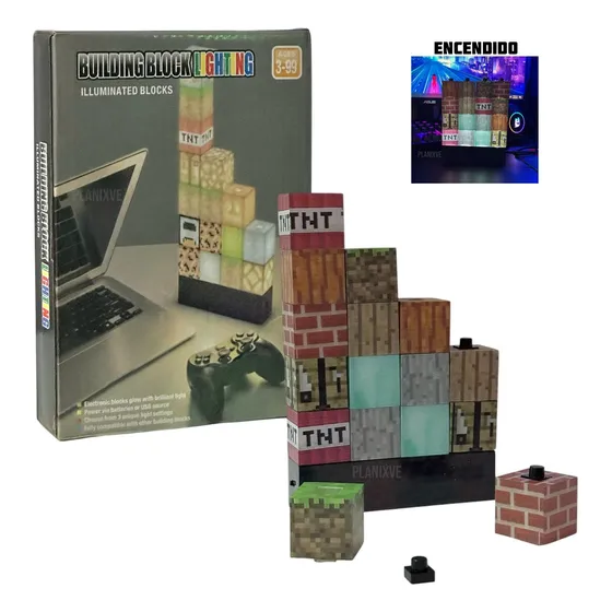 Lampara 3d Minecraft Armable Con Luz Construir Bloques