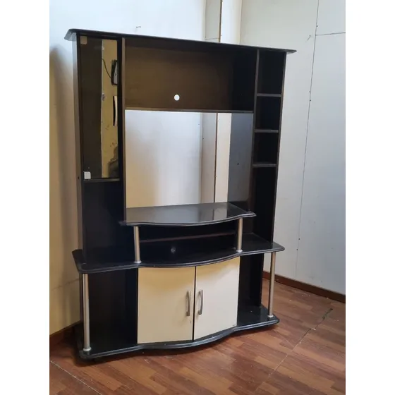 Divino Modular Sala Tv Madera Vidrio Con Estantes Y Puertas. Negro