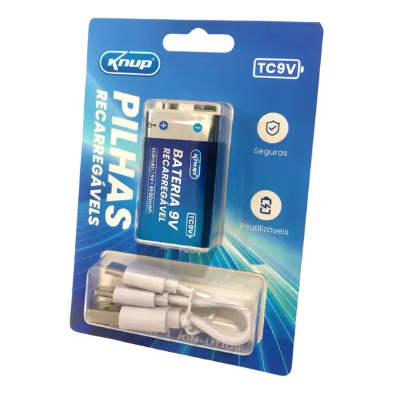 Bateria 9v Recarregável 500mah Com Cabo Tipo-c Knup