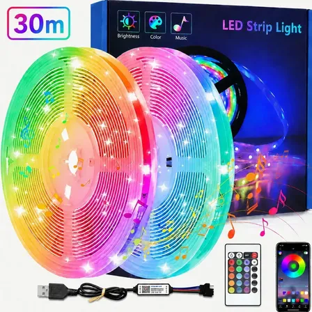 Fita Led Rgb 30m Usb Bluetooth App Controle Remoto Ip20 3535 Rgb 127/220v Usb