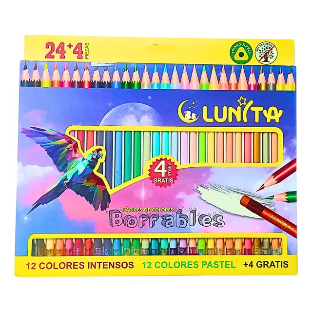 Lápices De Colores Borrables Lunita 24+4 Colores Intensos