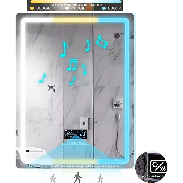Artmu Espejo Rectangular Led Baño 70cmx50cm Con 3 Modo De Luz Cálido Y Natural Y Blanco Con Música De Bluetooth Y Función Antivaho Ect
