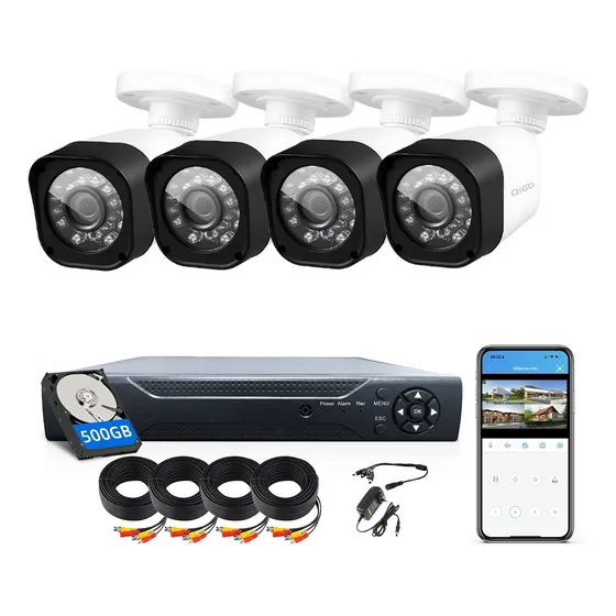 QIGO Kit 4 Cámaras de seguridad QG-77-K500G con resolución de 4ch 2MP visión nocturna incluida Color blanco Exterior Videovigilancia