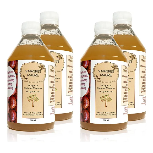 Vinagre Sidra De Manzana Orgánico Medicinal 500ml X4 Sin Tac
