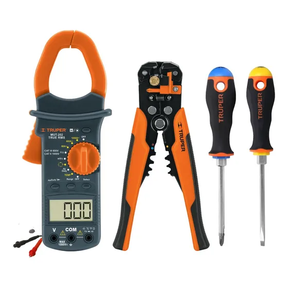 Pinza Amperimétrica Alicate Pelacables, 2 Desarmadores Kit
