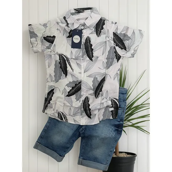 Conjunto Branco Infantil Bermuda Jeans Camisa Jeans