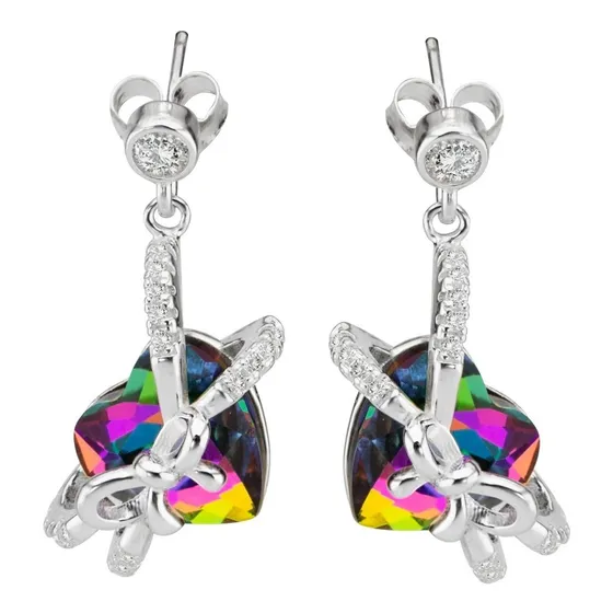 Aros Colgantes Corazon Con Cristal Y Lazo Moño Plata 925
