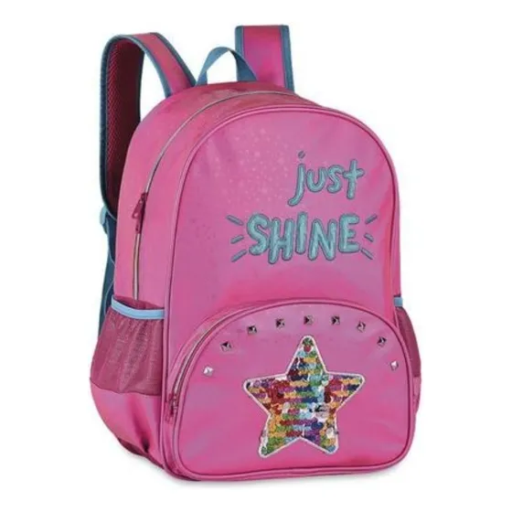 Mochila De Costas Escolar Holografica Paetê Just Shine Rosa Desenho do tecido Estrela