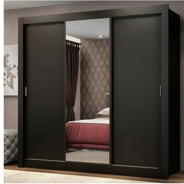 Guarda-roupa Madesa Mônaco Casal 3 Portas de Correr com Espelho Preto