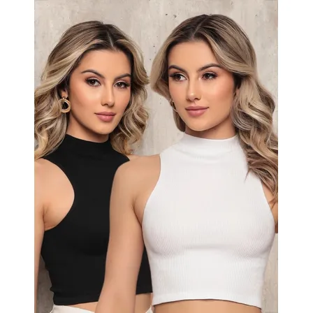 Kit 2 Blusas Gola Alta Canelada Cropped Feminina Ribana