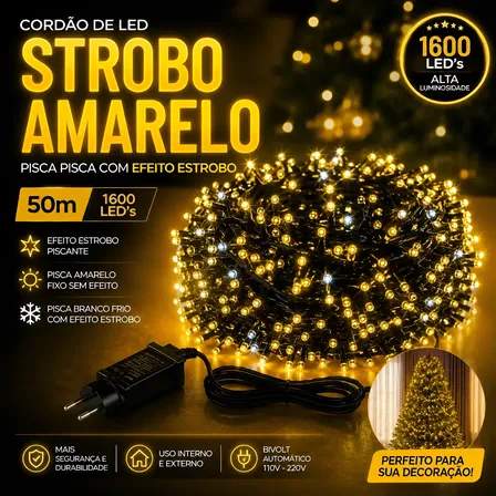 Cordão Led Com Strobo Natal 1600 Leds 50 Metros Prova D'água Amarelo 127/220v