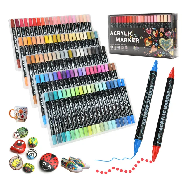 100 Colores Plumones Acrílica Marcadores Arte Punta 1mm Fino Resistente Agua, Rotuladores Para Colorear Madera Piedra Vidrio Plástico Metal Caucho Lienzo Superficies UNUNMX UN-AP-100