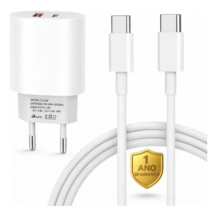 Carregador Super Rápido 40w Turbo Tipo C Para iPhone 15 16 17 Pro Max Samsung Galaxy S24 S23 S22 S21 S20 Fe Ultra... Branco