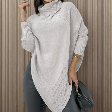 Blusa Poncho Tricot Assimétrico Alongado Manga Longa Suéter Branco Único