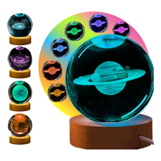 Esfera Cristal 3d Multicolor Led Base Madera Lámpara Noche Marrón Saturno