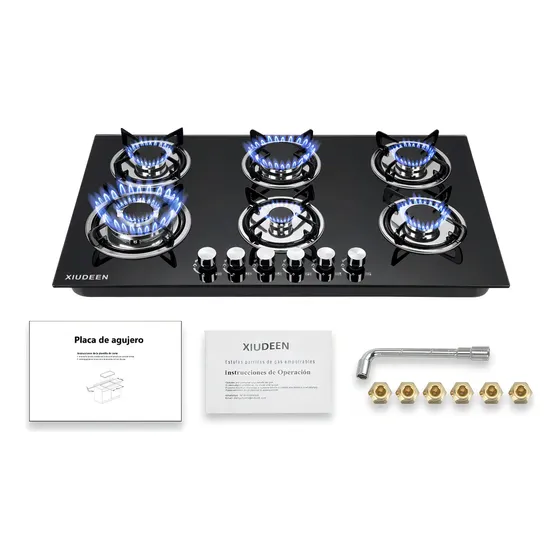 Parrilla A Gas Empotrable/estufa De Mesa Xiudeen 6 Quemadores De Gas Gn/glp Aplicables Cristal Templado Color Negro XD6001G