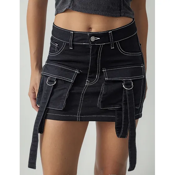 Pollera Cargo Negro Con Tiras Gabardina- Mujer 