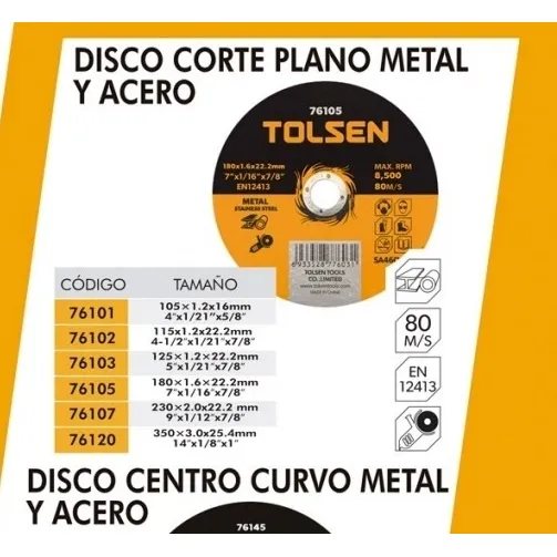 Disco De Corte Hierro Y  7 X1/16x7/8 Tolsen Precio 4 Unidade