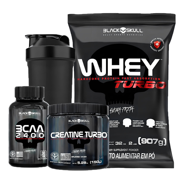 Combo Whey Protein Turbo + Bcaa + Creatina - Black Skull Sabor Morango Combo Whey Protein Turbo + Bcaa + Creatina - Black Skull Sabor Morango