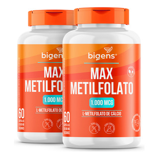 Kit C/ 2x Max Metilfolato 1000mcg De L-metilfolato Por Cápsula, Vegano, 120 Cápsulas | Bigens Kit C/ 2x Max Metilfolato 1000mcg De L-metilfolato Por Cápsula, Vegano, 120 Cápsulas | Bigens
