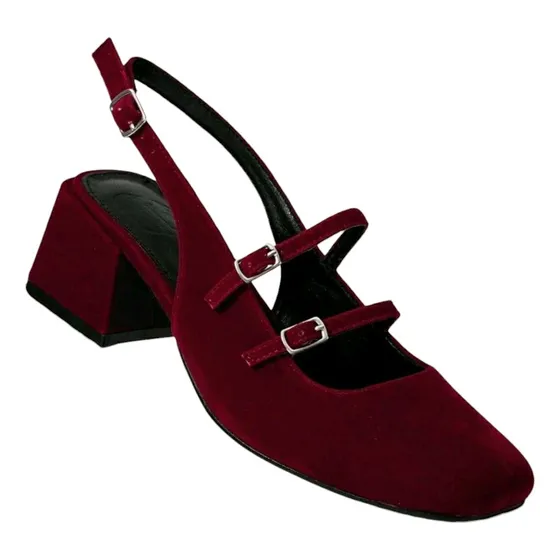 Zapatos Mujer Bordó Terciopelo Elegante Fiesta Tacón Bajo 38