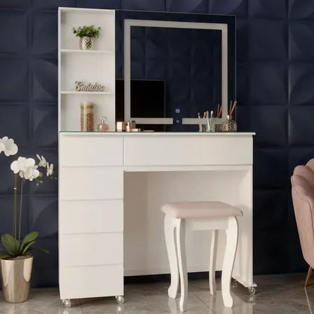 Camarim Moderna De 1m Com Banqueta, Espelho De Led E Touch Branco