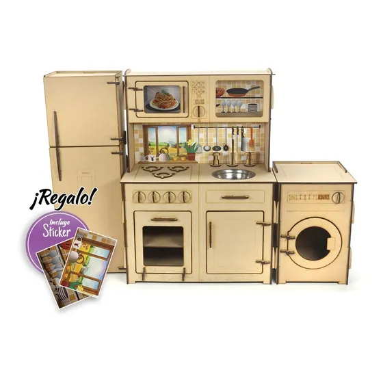 Cocina Heladera y Lavarropas Marron Infantil De Madera Chicos Niños Con Bacha Acero Inoxidable Imback