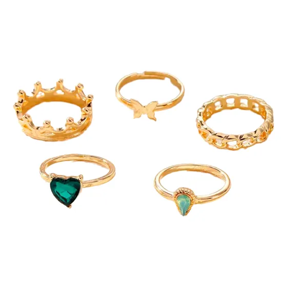 Set Anillos De Mujer Dorado Piedra Verde Mariposa Dorada X 5