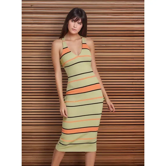 Vestido Midi Tubinho Ribana Listras Verde Lima Tuart