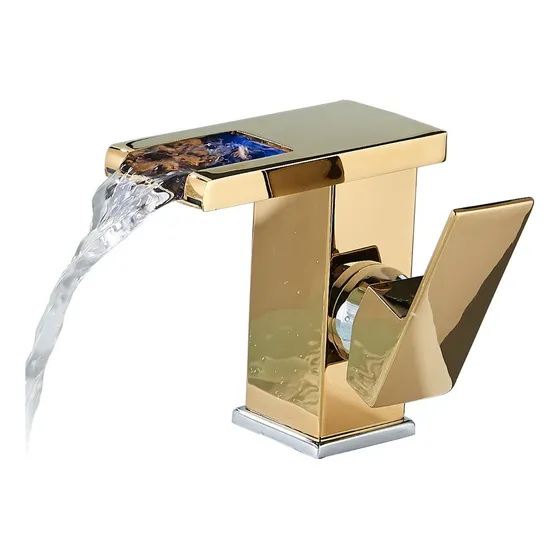 Grifo Monomando Mezclador Luz Led Cascada Lavabo Oro Acabado Brillante Color Dorado