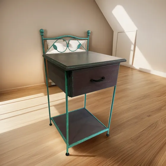 Mesa De Luz En Hierro Y Madera Vintage Con 1 Cajon + Estante