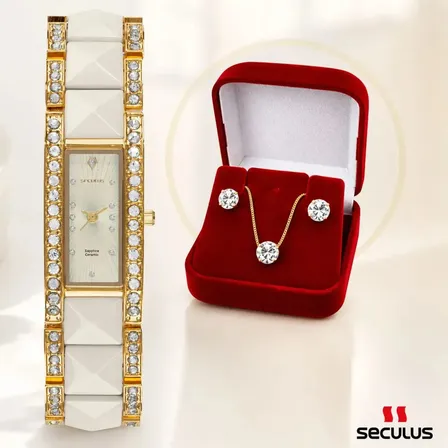 Relógio Seculus Feminino 19mm Dourado Cerâmica Nude Cravejado Zircônia Em Safira Com Semijoia