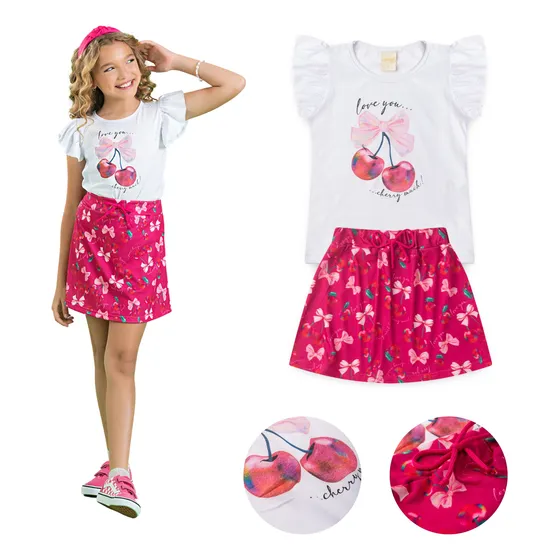 Conjunto Verão Menina Infantil Blusa E Saia Cereja