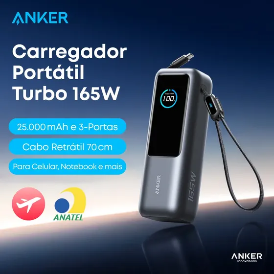 Carregador Portátil Power Bank Anker 25000mAh 165W Cor Preto Carga Turbo Rápida com 4 Portas e 2 Cabos USB-C Integrados, Tela Digital Compatível com Notebook, MacBook, iPhone, Samsung e AirPods